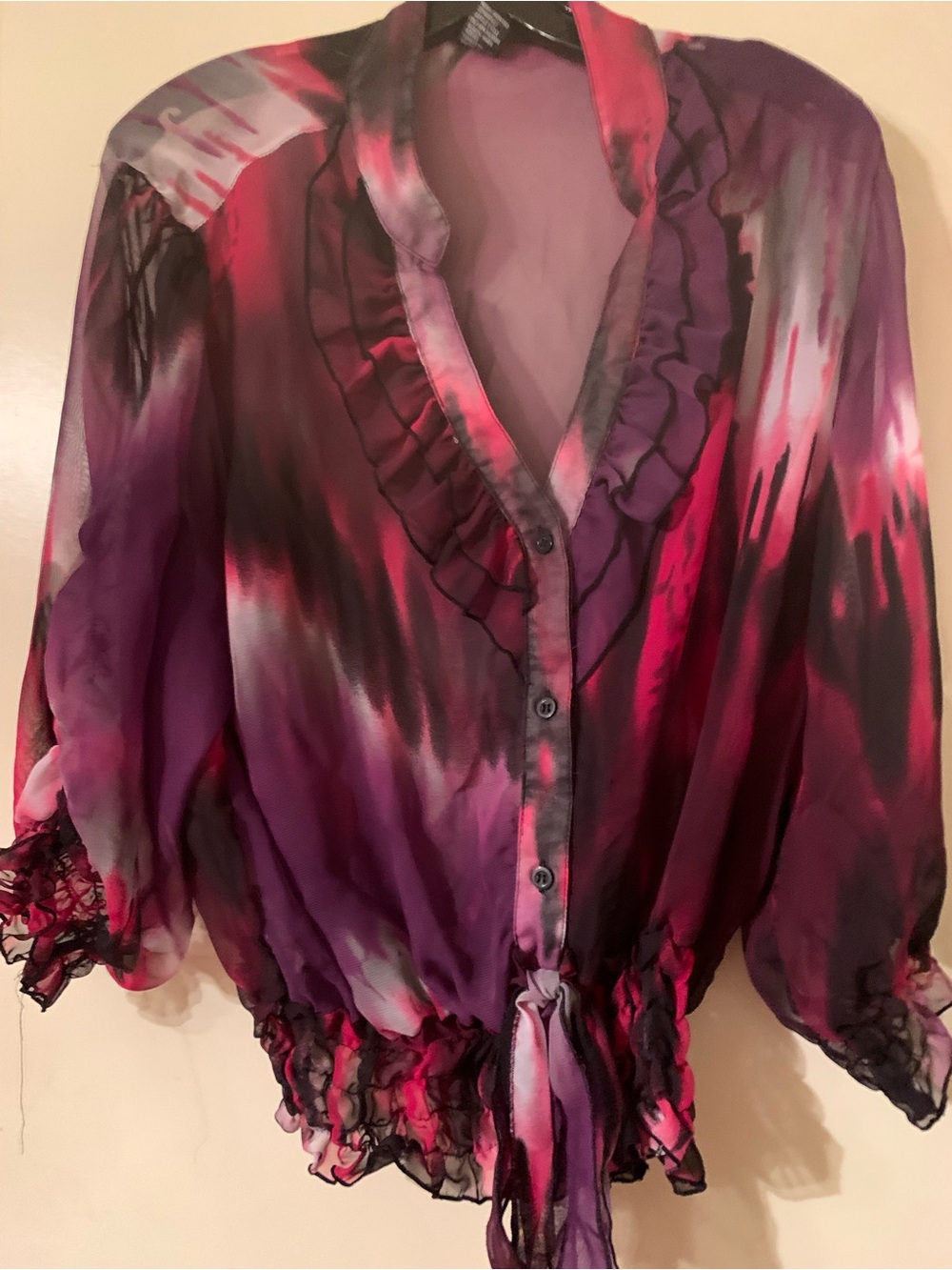 Cotton Express Sheer Ruffle Tie-Front Blouse - Purple Pink Ombre
